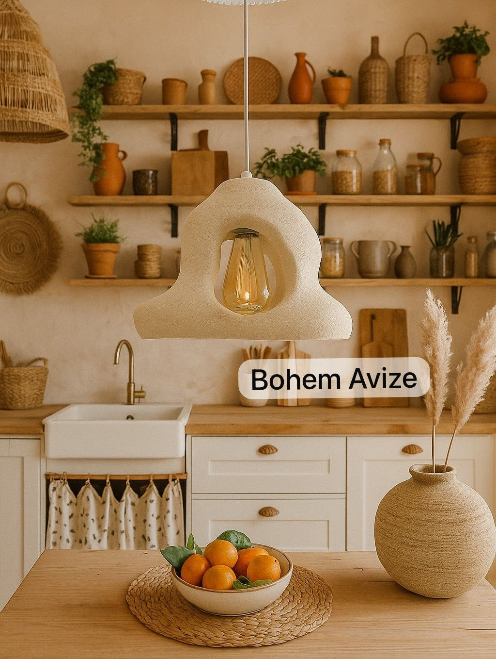 Bohem Beton Görünümlü Şapka Rustik Avize